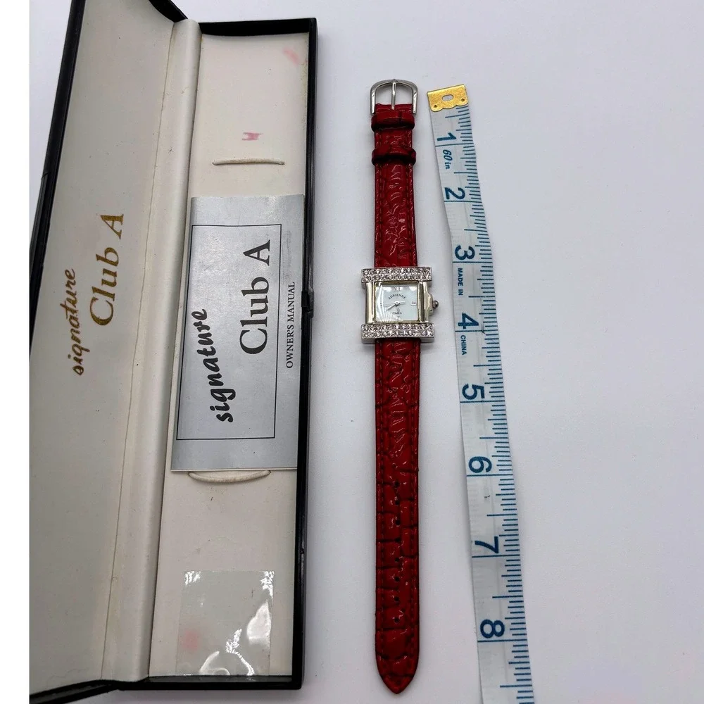 Adrienne Signature‎ Club A Womens Square Rhinestone Bezel Red Croc Leather Band